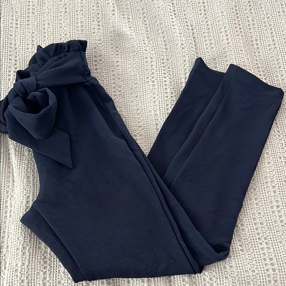Sleek Blue High-Waisted Trousers with Bow Detail